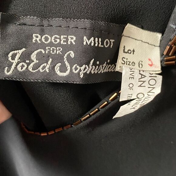 Vintage 60s Black Dress Elegant Beaded Collar Shoulder Drop Waist - Picture 9 of 11